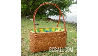 ladies handbag leather handle straw ata grass with lining